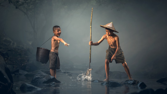 Boys water sticks buckets fishing free wallpaper for desktop - medium preview image