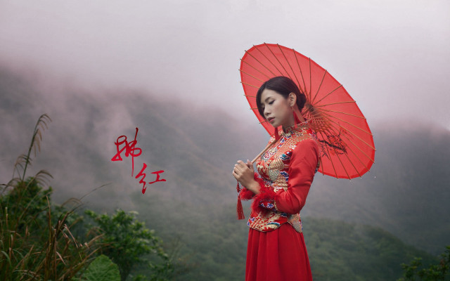 Red dress woman umbrella mountain free wallpaper for desktop - medium preview image