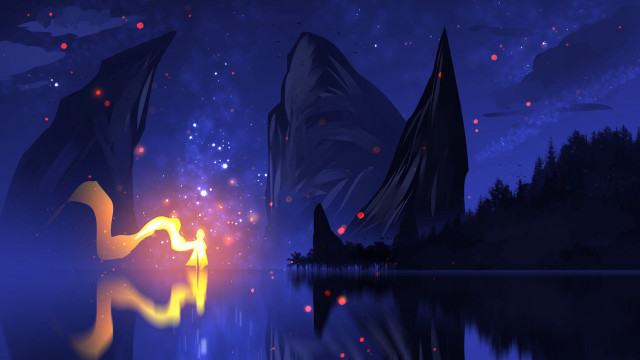 Lake mountains stars fireworks aurora free wallpaper for desktop - medium preview image