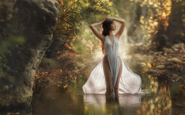 Woman white dress forest waterfall free wallpaper for desktop - medium preview image