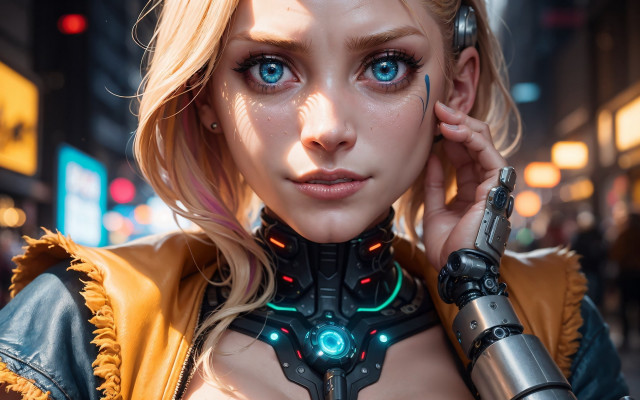Cyberpunk blonde woman blueeyes leatherjacket free wallpaper for desktop - medium preview image