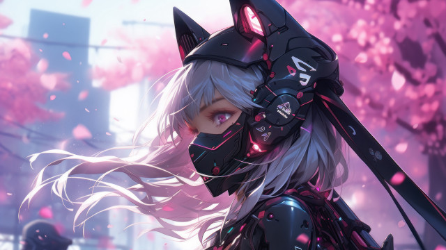 Woman catmask sword fantasy cyberpunk free wallpaper for desktop - medium preview image