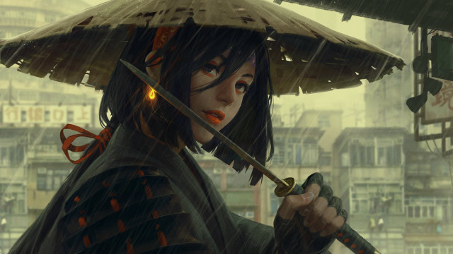 Woman hat sword rain city #2 free wallpaper for desktop - medium preview image
