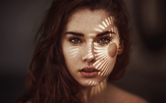 Woman shadow sun blowinghair photorealistic free wallpaper for desktop - medium preview image