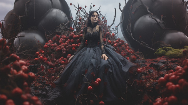 Woman black dress berry field free wallpaper for desktop - medium preview image