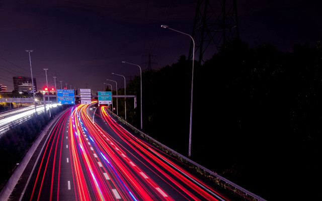 Futuristic highway night lights traffic free wallpaper for desktop - medium preview image