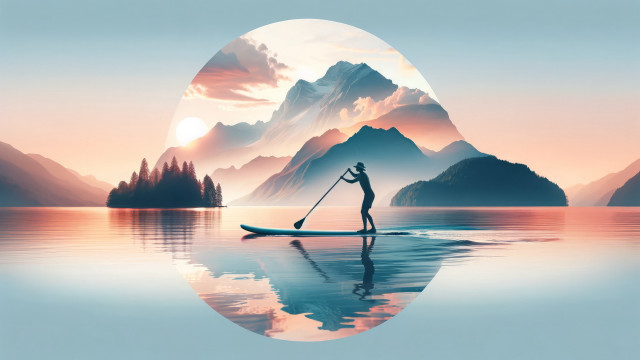 Paddleboard lake mountains sunset reflection free wallpaper for desktop - medium preview image