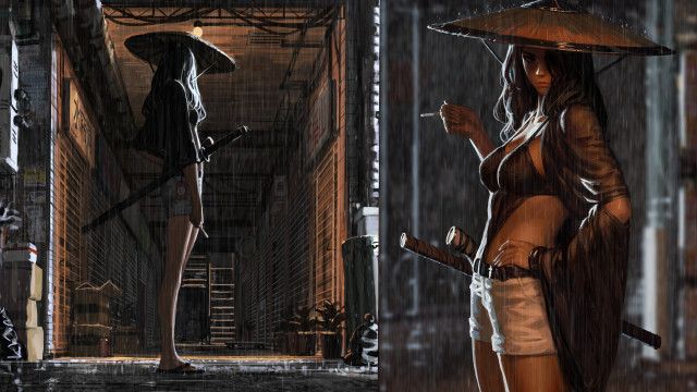 Woman raincoat smoking umbrella cyberpunk free wallpaper for desktop - medium preview image