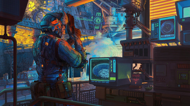 Cyberpunk room monitors clock library free wallpaper for desktop - medium preview image