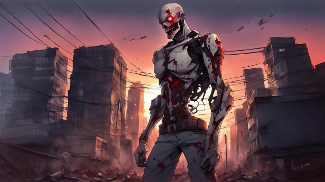 Bloody man cyberpunk city sunset free wallpaper for desktop - medium preview image
