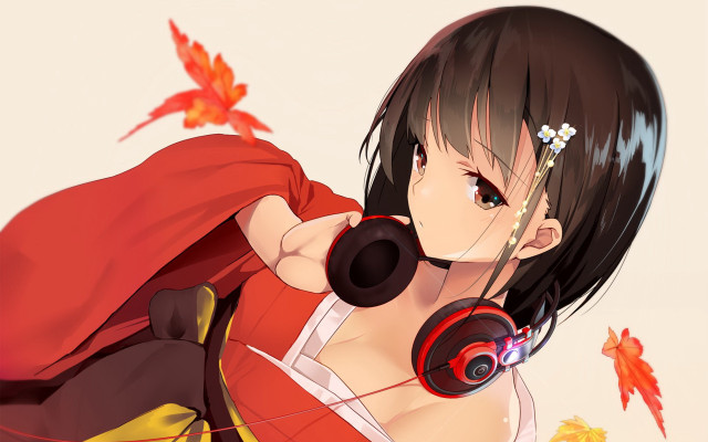 Anime woman autumn leaves kimono free wallpaper for desktop - medium preview image