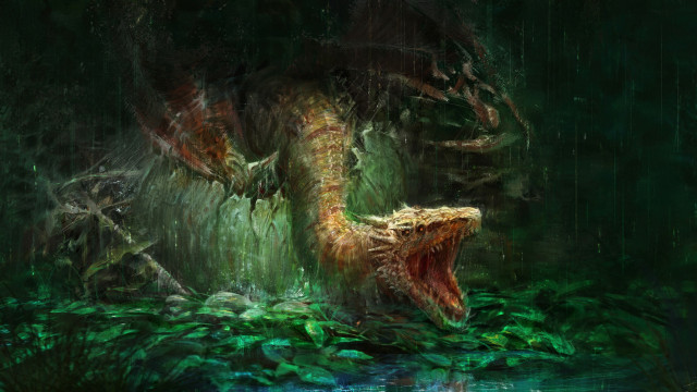 Dragon forest pond fantasy art free wallpaper for desktop - medium preview image