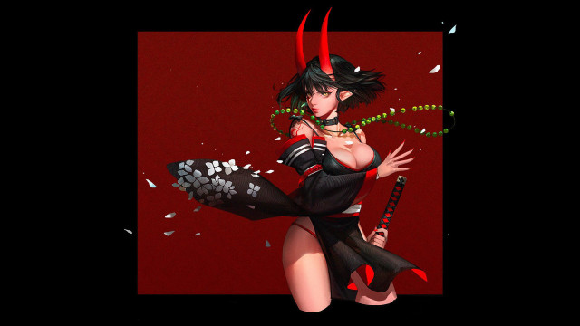 Horned woman sword kimono fantasy free wallpaper for desktop - medium preview image
