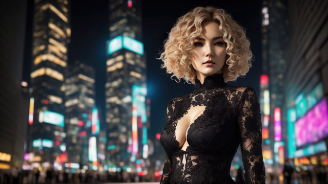 Woman black dress cityscape night free wallpaper for desktop - medium preview image