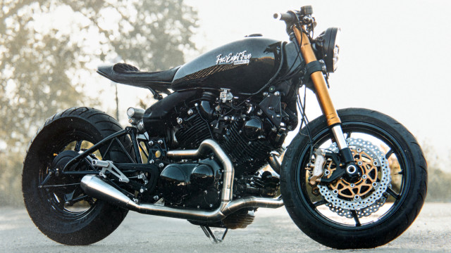 Black motorcycle street tree bushes free wallpaper for desktop - medium preview image