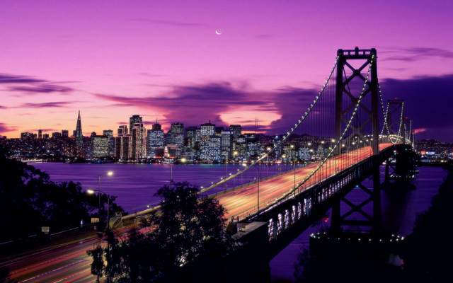 Long bridge city night purple free wallpaper for desktop - medium preview image