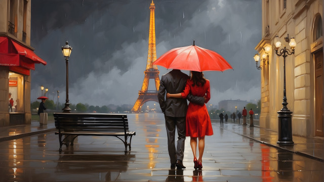 Eiffel tower rain umbrella figurative free wallpaper for desktop - medium preview image