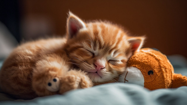 Kitten sleeping stuffed animal blurry free wallpaper for desktop - medium preview image