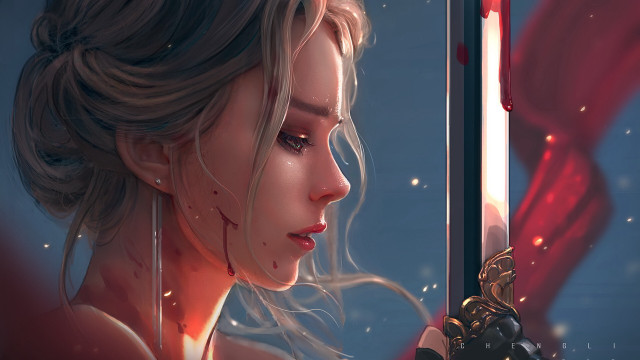 Woman sword bloody face curtain free wallpaper for desktop - medium preview image