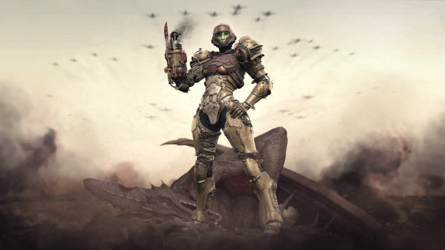 Futuristic man gun bird sunset free wallpaper for desktop - medium preview image