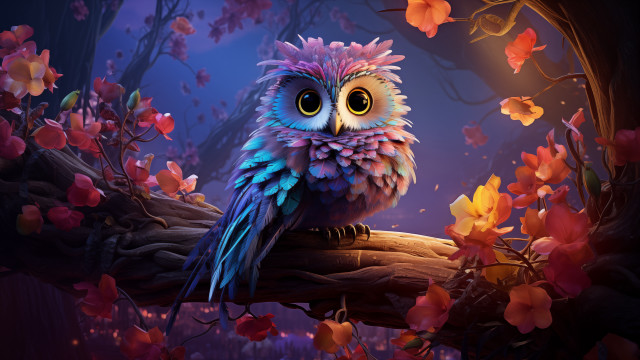 Colorful owl branch flower moon free wallpaper for desktop - medium preview image