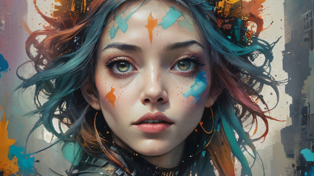 Blue haired woman cityscape embellished free wallpaper for desktop - medium preview image