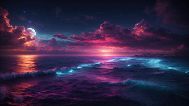 Sunset ocean wave moon mystical free wallpaper for desktop - medium preview image