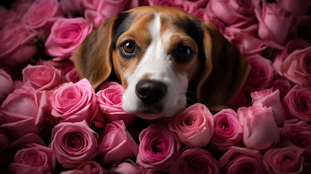Sad dog pink roses floral free wallpaper for desktop - medium preview image