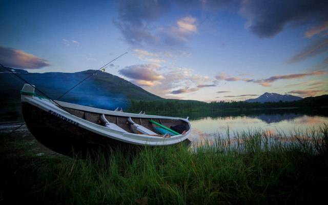 Lake sunset boat fishing forest free wallpaper for desktop - medium preview image