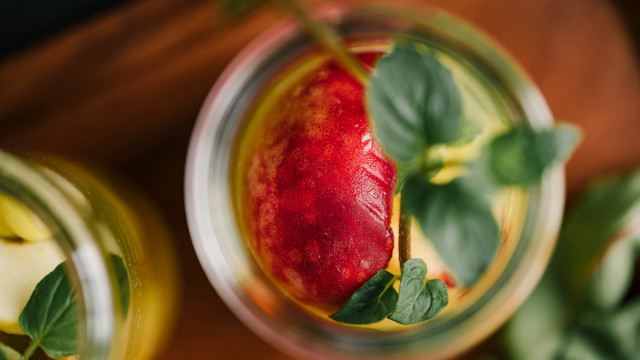 Glass jar apple leaves wooden free wallpaper for desktop - medium preview image