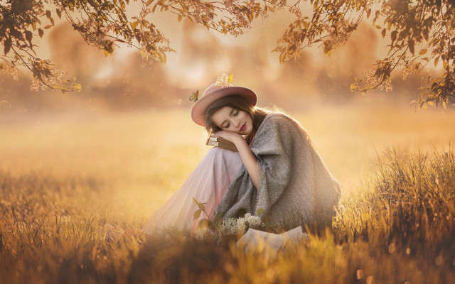 Woman dress hat field tree free wallpaper for desktop - medium preview image