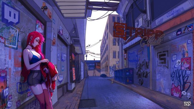 Cyberpunk woman red hair city free wallpaper for desktop - medium preview image
