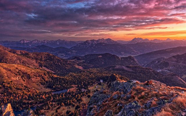 Mountain range sunset clouds trees free wallpaper for desktop - medium preview image
