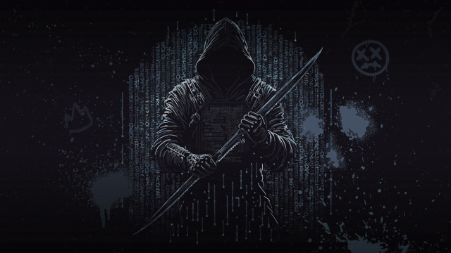 Hooded man swords cyberpunk dark free wallpaper for desktop - medium preview image
