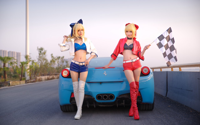 Neogeo cosplay 2girls car checkered free wallpaper for desktop - medium preview image