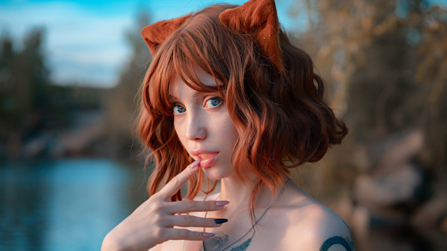 Red haired anime girl lake free wallpaper for desktop - medium preview image