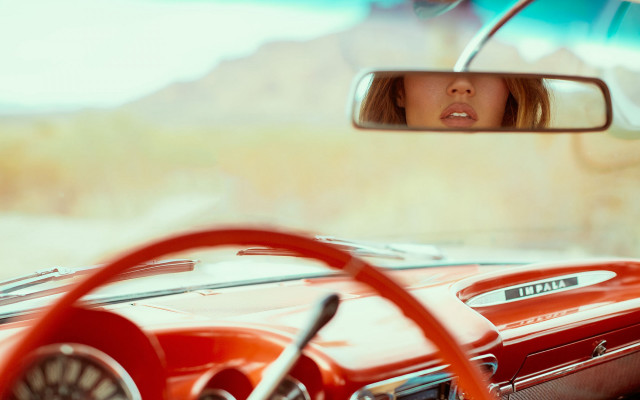 Desert road woman mirror cinematic free wallpaper for desktop - medium preview image