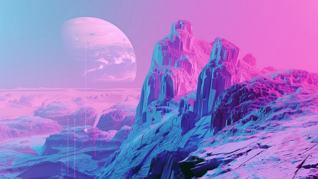 Mountain planet synthwave matte pink free wallpaper for desktop - medium preview image