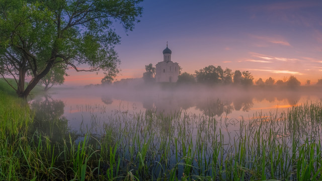 Church lake foggy sky trees free wallpaper for desktop - medium preview image