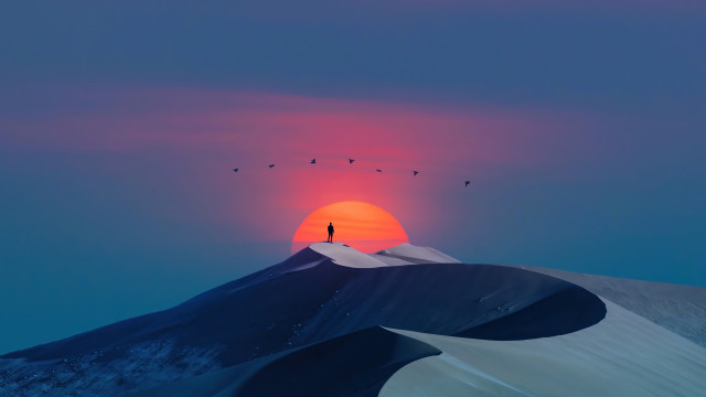 Sunset snowy mountain birds hill free wallpaper for desktop - medium preview image