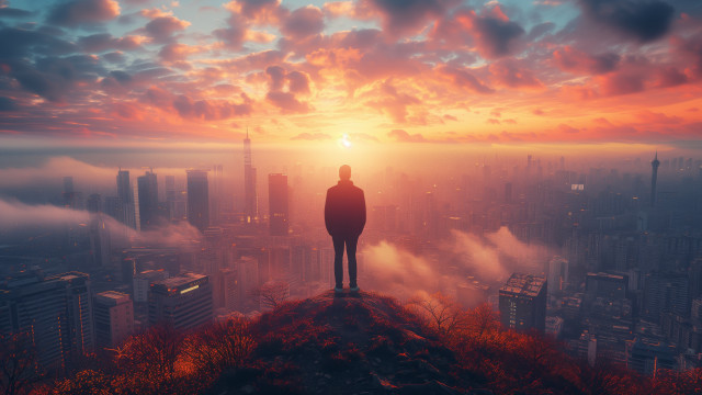 Hilltop cityscape sunset clouds fog free wallpaper for desktop - medium preview image