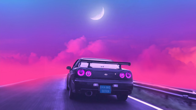 Car moon sunset clouds outrun free wallpaper for desktop - medium preview image