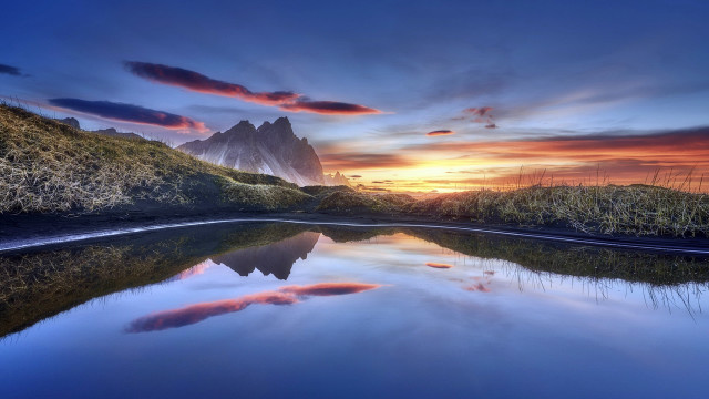 Mountain lake sunset clouds grass free wallpaper for desktop - medium preview image