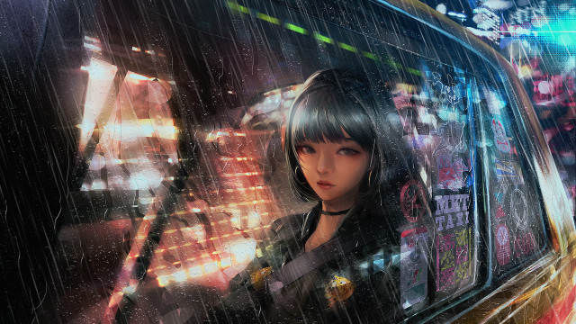 Neon rainy cyberpunk woman city free wallpaper for desktop - medium preview image
