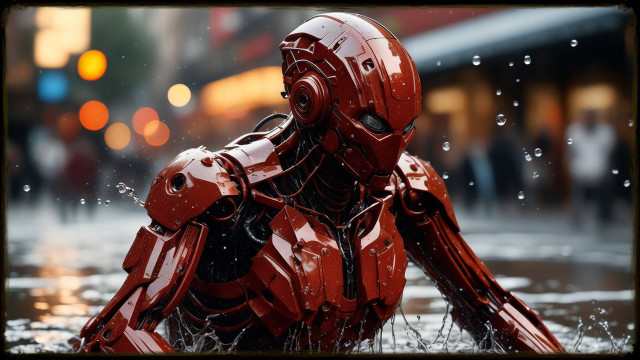 Red robot street rain cyberpunk free wallpaper for desktop - medium preview image