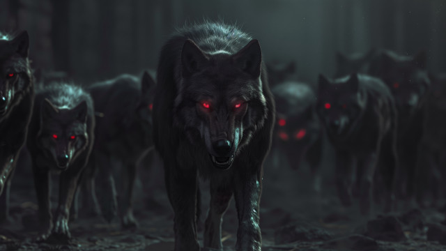 Wolf red eyes dark woods free wallpaper for desktop - medium preview image