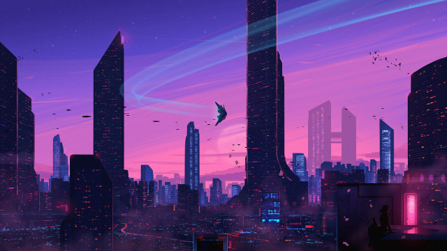 City skyline night purple aurora free wallpaper for desktop - medium preview image