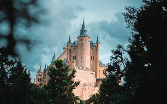 Castle clock tower forests clouds free wallpaper for desktop - medium preview image