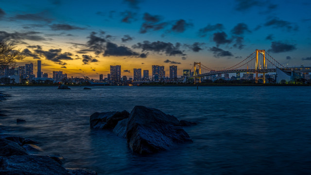 City skyline bridge sunset water free wallpaper for desktop - medium preview image