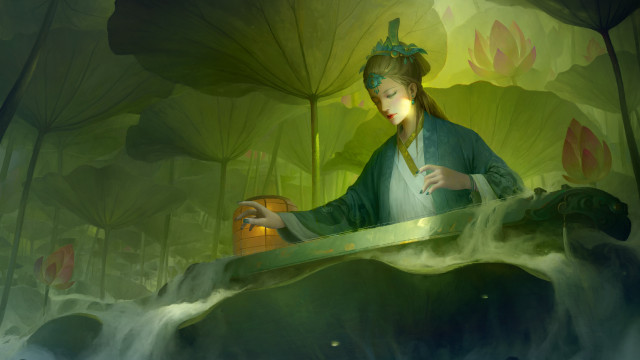 Woman green dress lantern forest free wallpaper for desktop - medium preview image